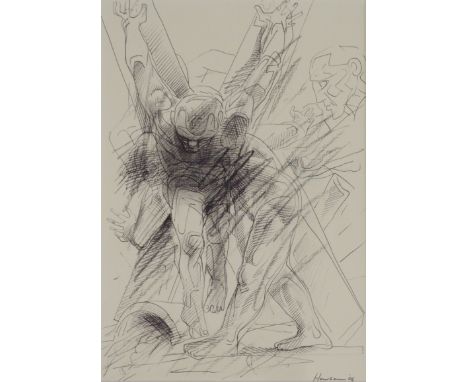 •PETER HOWSON OBE (SCOTTISH B. 1958) CHRIST ON THE CROSS Pen and conte crayon, signed and dated (20)06, 29 x 20cm (11 1/2 x 8