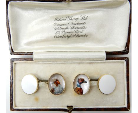 A PAIR OF 18CT ESSEX CRYSTAL AND ENAMEL CUFFLINKS depicting a grouse and a pheasant 15.3mm x 12mm by William J Holmes Birming