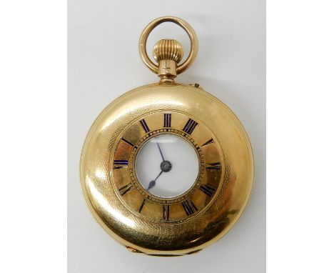 AN 18CT GOLD HALF HUNTER POCKET WATCH with white dial and blued steel hands, diameter of the case 4.1cm, the movement is sign