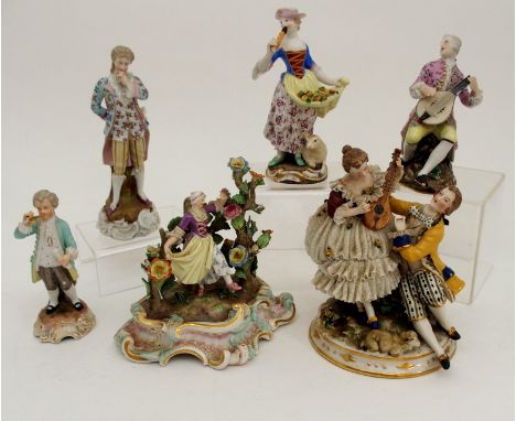 TWO MEISSEN MUSICAL THEMED FIGURES one of  lady playing a cello with a lamb at her feet 15.5cm high, the other of a man playi