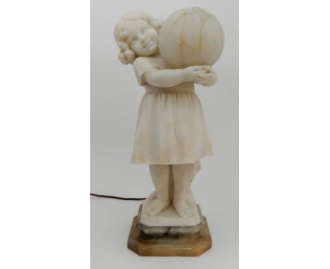 AN ALABASTER LAMP modelled as a young girl holding a globe, with original alabaster shade and replacement glass shade, indist