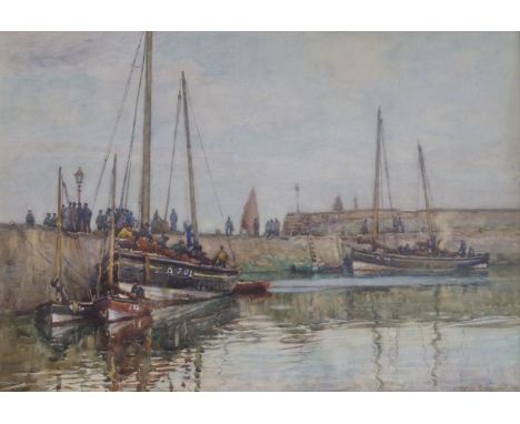 JAMES E GILMOUR (SCOTTISH 1885-1937) A BUSY HARBOUR Watercolour, signed and dated 1913, 24 x 34cm (9 1/2 x 13 1/2") Condition