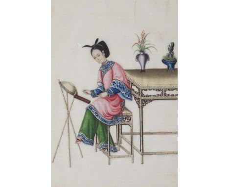 SIX CHINESE PAINTINGS CANTON SCHOOL gouache and ink on pith depicting;1. a lady seated playing a musical instrument, 20 x 15c