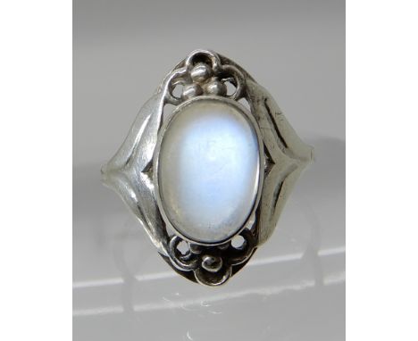 A BERNARD INSTONE ARTS & CRAFTS MOONSTONE RING stamped B.I, the moonstone measures approx 10.6mm x 7.5mm x 3.7mm, finger size