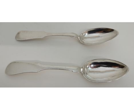 A PAIR OF RUSSIAN SILVER TABLESPOONS marked A. K. 1893, 84 and a horseman, fiddle pattern with blank terminals, 23cm long, 16