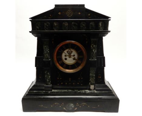 A LARGE SLATE AND GREEN MARBLE MANTLE CLOCK of classical portico design with partial skeletal movement visible on white ename