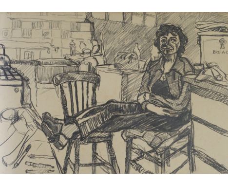 •JOHN RANDALL BRATBY RA (BRITISH 1928-1992) PATTI IN THE KITCHEN Graphite and conte, signed, 29 x 42cm (11 1/2 x 16 1/2") Con