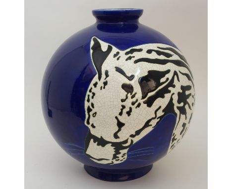 EMAUX DE LONGWY DANILLO CURETTI 'PANTHERE' VASE the 'Boule Coloniale' vase with stylised black and white panther on a blue gr