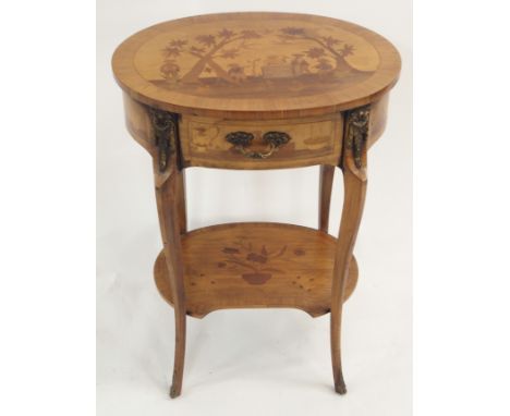 A REPRODUCTION MARQUETRY SIDE TABLE decorated with oriental figures beneath trees above a drawer and undertier decorated with