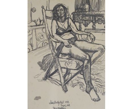 •JOHN RANDALL BRATBY RA (BRITISH 1928-1992) PATTI IN A BIKINI Conte and graphite, signed, inscribed 'Royal Hill' and dated 19