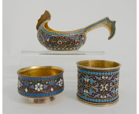 A RUSSIAN SILVER GILT KOVSH by an unknown Moscow maker, 1880-20th Century marked 84, of classic shape decorated in pale blue,