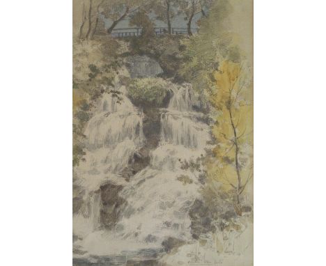 •ROBERT EADIE RSW (SCOTTISH 1877-1954) ROUKEN GLEN FALLS: BOAT AT A JETTY, WINDERMERE Watercolour, signed and inscribed with 