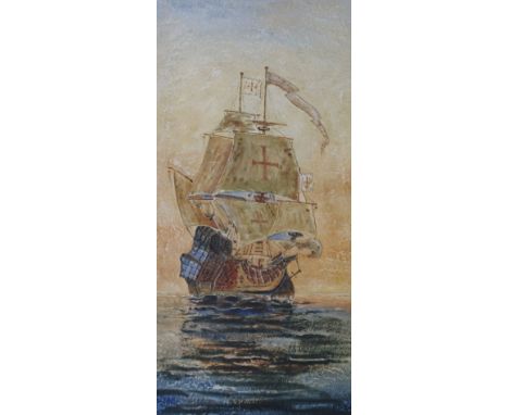 CHARLES F DART - A RECTANGULAR GESSO PANEL depicting sailing ships in a port, painted in metallic colours 103cm x 55cm (This 