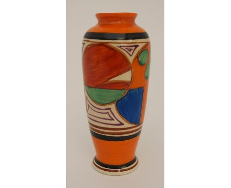 A CLARICE CLIFF FANTASQUE MELON PATTERN VASE painted in colours between orange and black bands, 14.5cm high Condition Report: