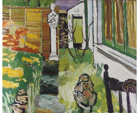 •JOHN RANDALL BRATBY RA (BRITISH 1928-1992) GIRL IN A GARDEN Oil on canvas, signed, 51 x 61cm (20 x 24") Inscribed '15 Bear G