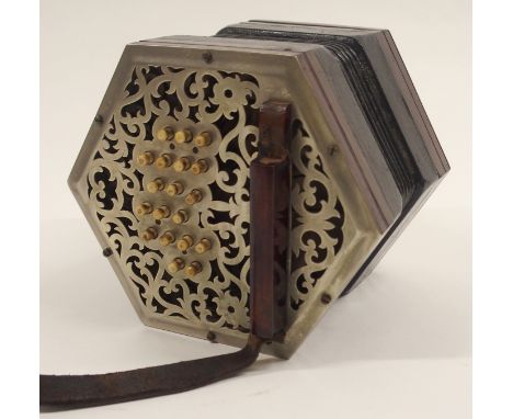 A HEXAGONAL THIRTY-NINE BUTTON LACHENAL &amp; CO CONCERTINA with white-metal pierced ends in original box Condition Report: A