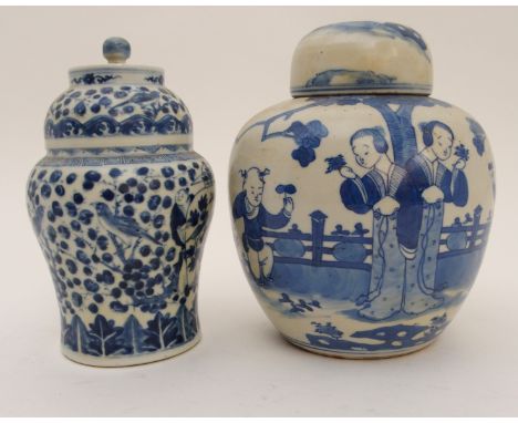 A CHINESE BLUE AND WHITE GINGER JAR painted with children playing in a garden, four character mark, 20cm high and a vase and 