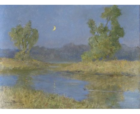 •JOHN MURRAY THOMSON RSA, RSW, PSSA (SCOTTISH 1885-1974) CRESCENT MOON ON THE RIVER Oil on panel board, signed, 44 x 59cm (17