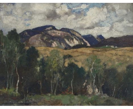 JAMES WHITELAW HAMILTON RSA, RSW (SCOTTISH 1860-1932) LOOKING TOWARDS THE HIGHLANDS Oil on panel, signed, 26 x 34cm (10 1/4 x