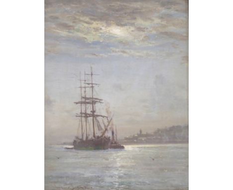 PATRICK DOWNIE RSW (SCOTTISH 1854-1945) TALL SHIP AND TUG OFF GOUROCK Oil on canvas board, signed, 34 x 26cm (13 1/2 x 10 1/4