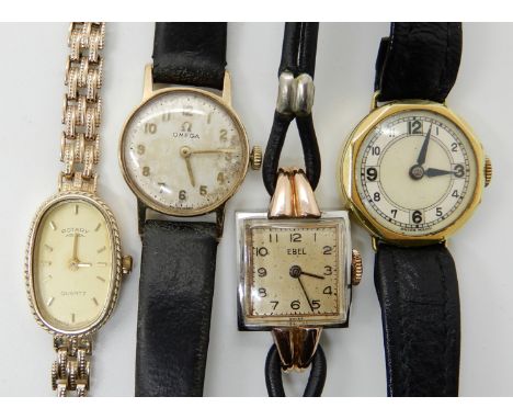 A 9CT GOLD LADIES ROTARY QUARTZ WATCH AND THREE OTHER WATCHES the rotary with gold coloured oval dial,  baton numerals and ha