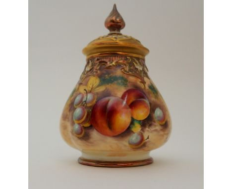 A ROYAL WORCESTER POT AND COVER painted with peaches and grapes on a naturalistic ground, indistinctly signed, shape no 291 C