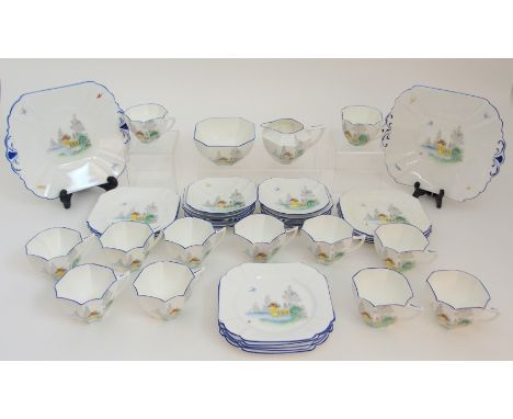 A 1930'S SHELLEY QUEEN ANNE SHAPE TEASET decorated with a lake, balcony and butterflies, comprising twelve cups, six saucers 