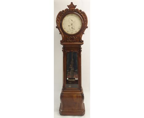 A VICTORIAN MAHOGANY DRUMHEAD LONGCASE CLOCK the foliate carved hood with enamel dial set with subsidiary dials above a glaze