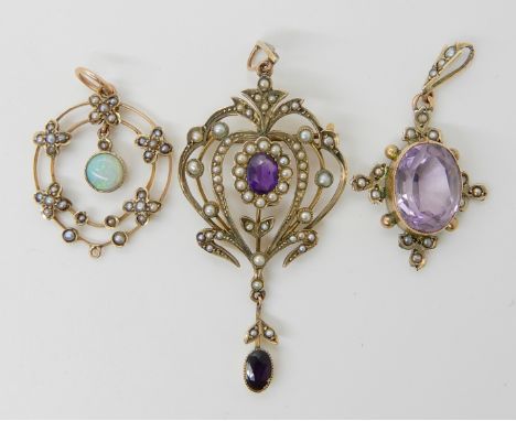 THREE EDWARDIAN PENDANTS a 9ct gold amethyst and pearl pendant, length with bail 5.7cm x 2.5cm, stamped 9ct weight 4.2gms. A 