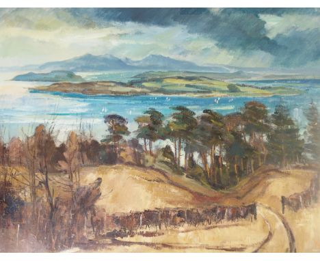 •JAMES WATT RSW, RGI (SCOTTISH B.1931) LIGHT ON ARRAN Oil on canvas, signed, 76 x 101.5cm (30 x 40") T. & R. Annan & Sons Ltd