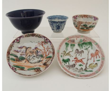 A CHINESE FAMILLE VERTE SAUCER painted with the eight horses of Wang Mu, Kangxi, 12.5cm, blue and white lobed tea bowl, paint