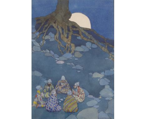 •ELIZABETH MARY WATT (SCOTTISH 1886-1954) PLAYING CARDS BY MOONLIGHT Ink and watercolour, signed, 33 x 23cm (13 x 9") Conditi