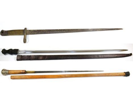 A Victorian Malacca Sword Stick, with 50cm cruciform steel blade, the silver metal pommel embossed with foliage, the tapering