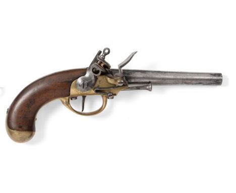 A French 1777 Model Flintlock Cavalry Pistol, the 19cm steel barrel  stamped 85 and with traces of proof mark, the brass acti