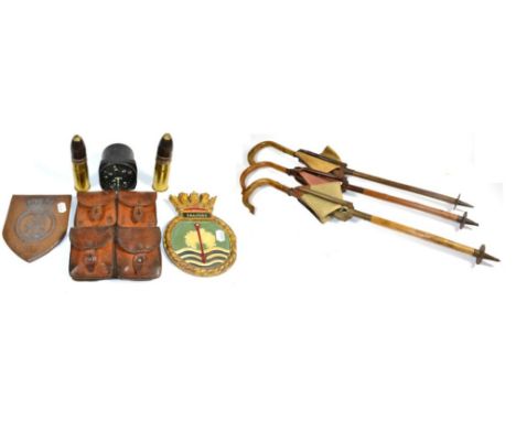Assorted Militaria and Related Items, comprising two pigskin double ammunition belt pouches, probably First World War vintage