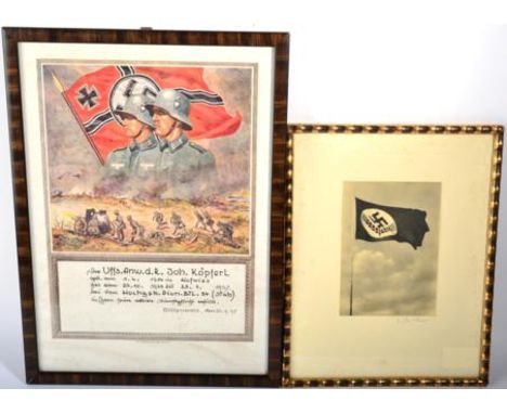 German Third Reich Period: A Framed Photograph of a Reichsarbeitdienst (RAD) Flag, signed by the photographer in pencil to th