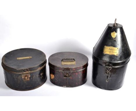 A Late Victorian/Edwardian Black Japanned Helmet Tin, with maker's brass label for Hawkes & Co., 14, Piccadilly, London, and 