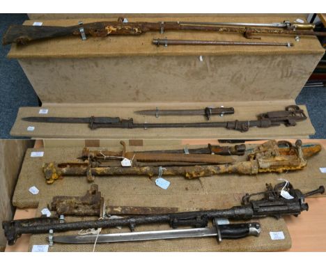 First World War Battlefield Finds:- including a French Lebel rifle, a British 1907 bayonet still attached to the muzzle end o