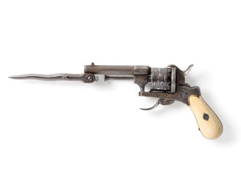 A 19th Century Belgian Pinfire Six Shot Revolver, with 8.5cm round steel barrel, the left side set with a hinged wavy edge ba