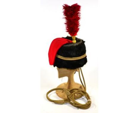 A First World War Royal Horse Artillery Busby, with later crimson bag, gilt metal thread cap lines with olives and sliders, t