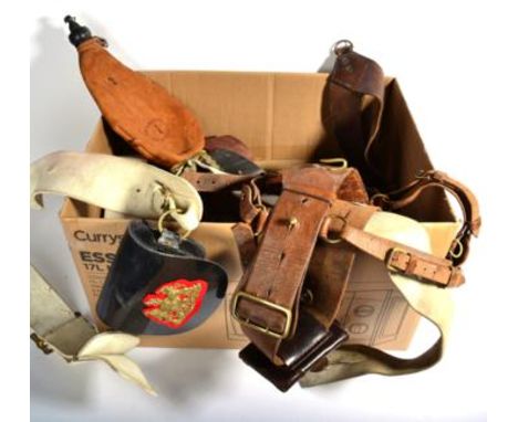 A Quantity of Militaria, including a Sam Browne with sword sling, cartridge pouch and cross belt, various stable belts, a cri