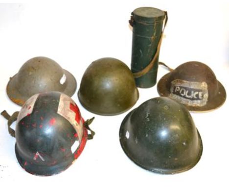 Two Second World War Brodie Helmets, one lacking liner; a 1943 Pattern British Army Helmet, with ''Lift the Dot'' liner; a US