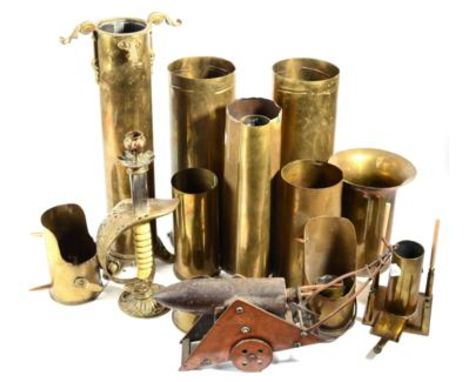 A Collection of First World War Trench Art, comprising a cannon made from a mortar on a sheet copper triangular carriage date