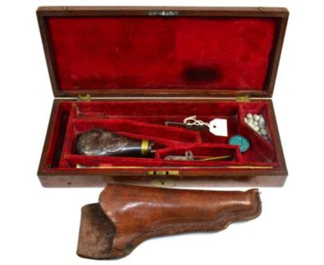 A 19th Century Mahogany Pistol Case, with inset brass lock escutcheon, the crimson velvet lined interior fitted with a cap ti