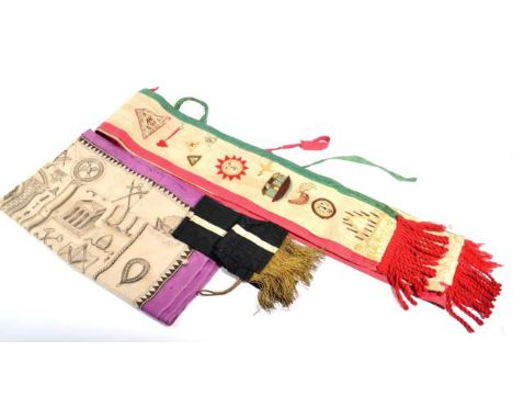 Masonic Interest: a 19th century silk snuff handkerchief, printed with masonic emblems and iconography, 76 cm by 81 cm; a 19t