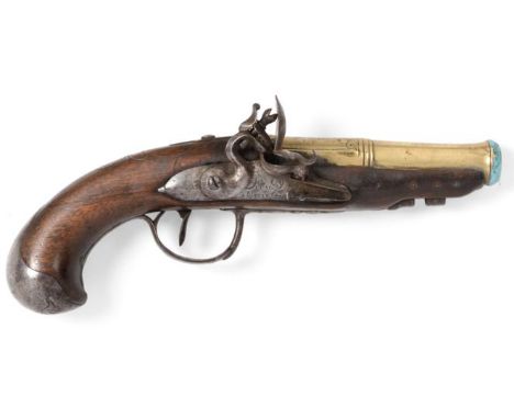 A Mid 18th Century French Flintlock Greatcoat Pistol by Duval a Nantes, the 10.5cm brass cannon barrel engraved at the breech