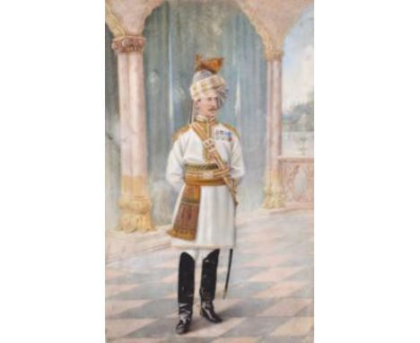 Portrait of a British Indian Army Cavalry Officer, in full dress, standing full length on a palace verandah, mixed media on o