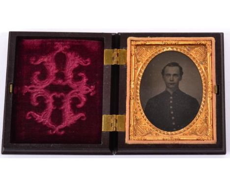 An American Civil War Tintype Portrait of a Federal Soldier, half length, in a Union case, 8cm by 7cm