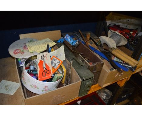 TWO TRAYS OF MISCELLANEOUS, including tools, an ammo box of tools, a metal tool box with contents and two empty ammo boxes 