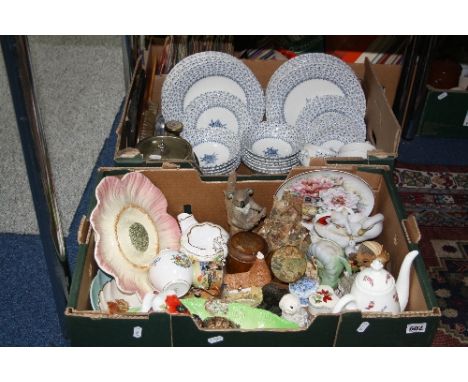 TWO BOXES OF CERAMICS, TREEN, etc, including blue and white dinnerwares, Sylvac, etc (two boxes)